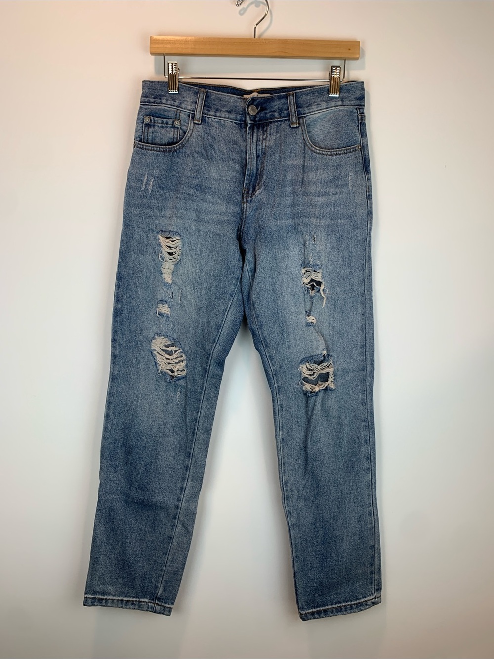 Distressed Blank Paige medium wash jeans, high rise straight leg, sz L